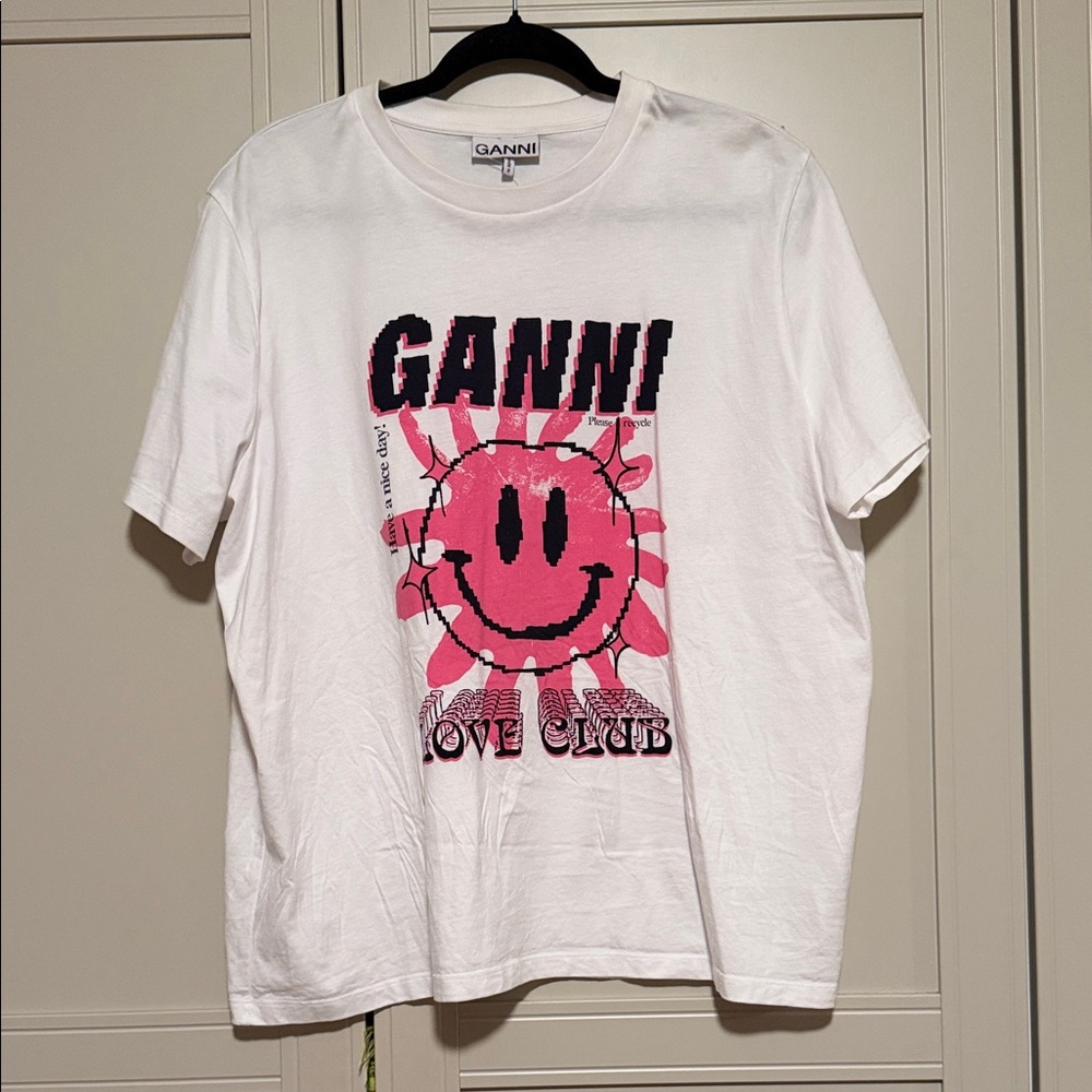 Ganni White Tee with Pink Smiley Sun Graphic